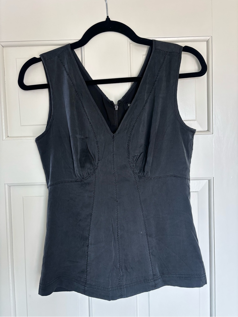 Y2K Express Babydoll Black Tank V-Neck Silk Shell Blend Ruched Back Sz 8 (M)